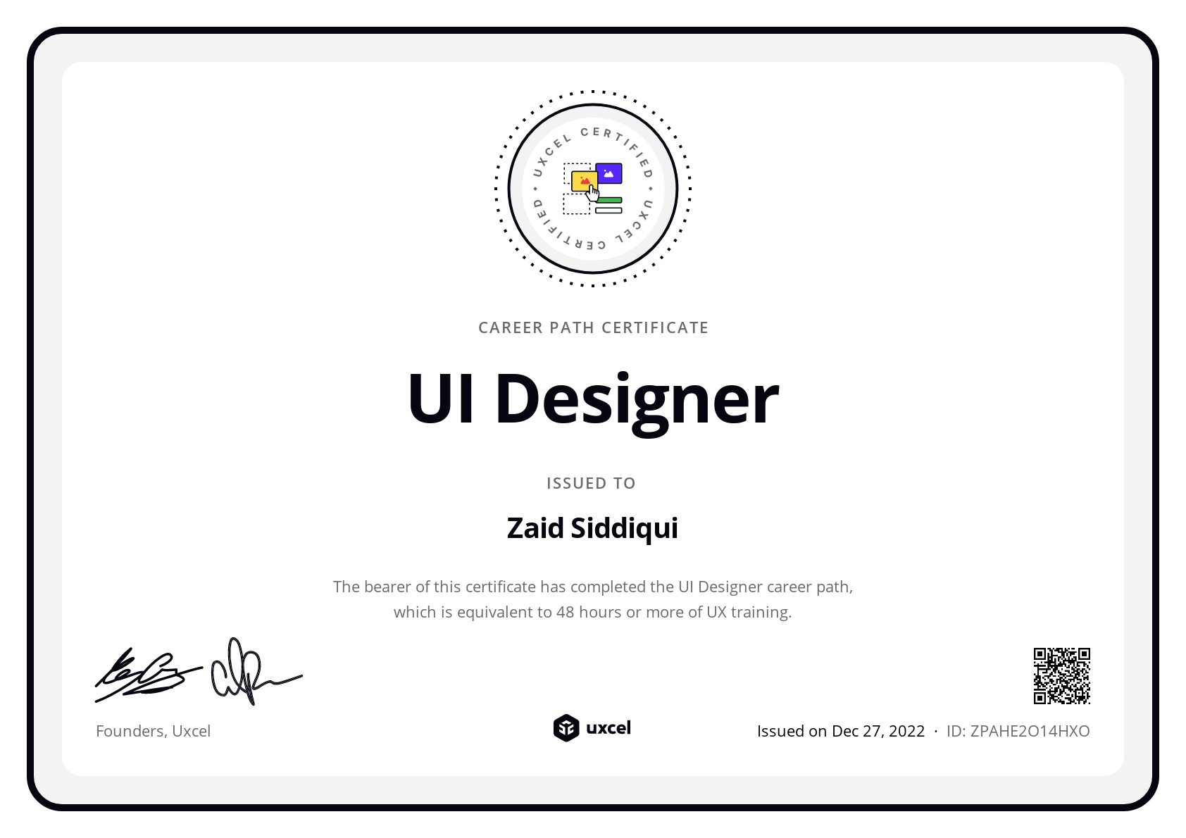 Zaid Siddiqui's certificate